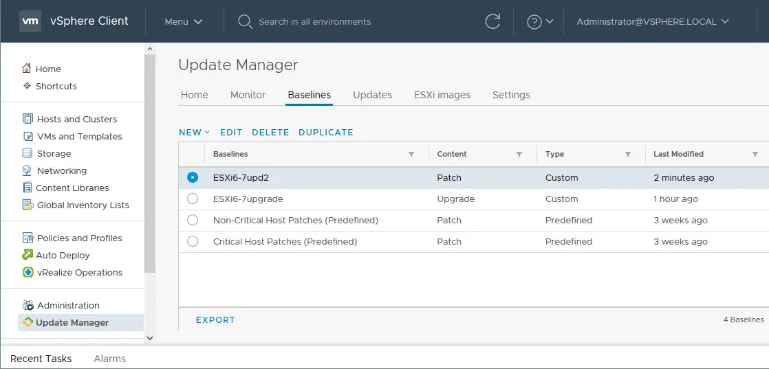 Selecting a created baseline for ESXi patching.