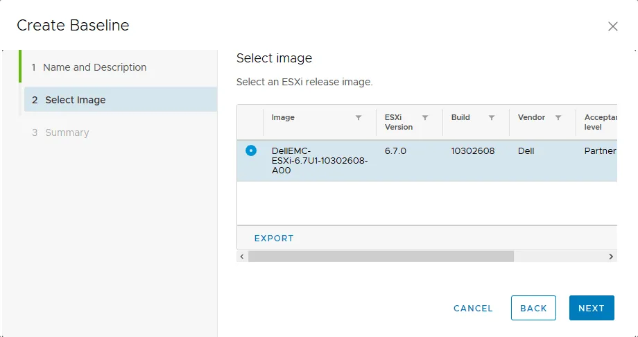 Selecting the ESXi image for a new baseline.
