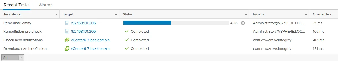 The progress of ESXi patching.