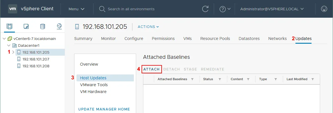 VMware Update Manager – attaching a baseline to an ESXi host.