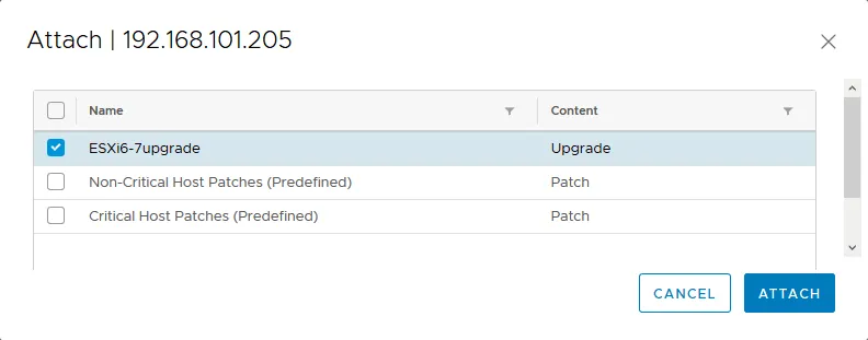 VMware Update Manager – attaching a baseline to upgrade ESXi hosts.