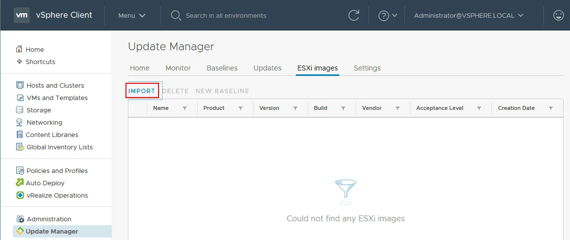 VMware Update Manager – importing an ESXi installation image for upgrade.