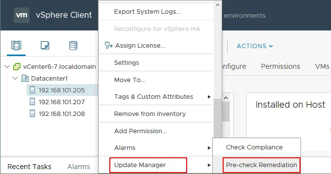 VMware Update Manager – pre-check remediation.