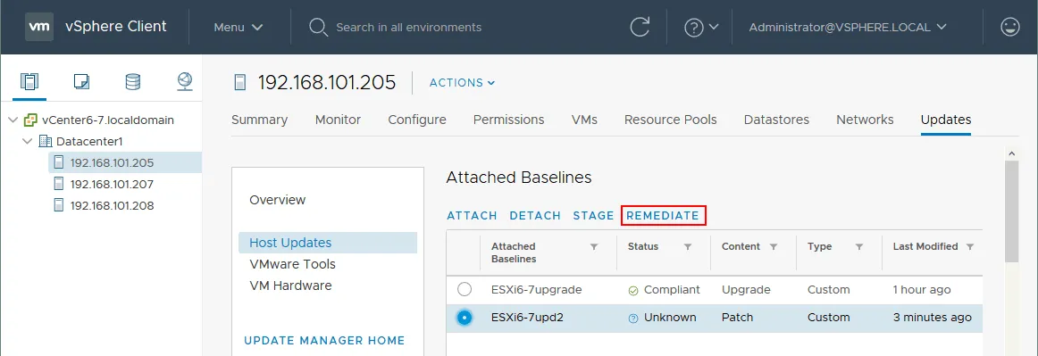 VMware Update Manager – remediate hosts to install VMware ESXi patches.