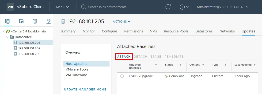 VMware Update manager – attach a baseline to install VMware ESXi patches.
