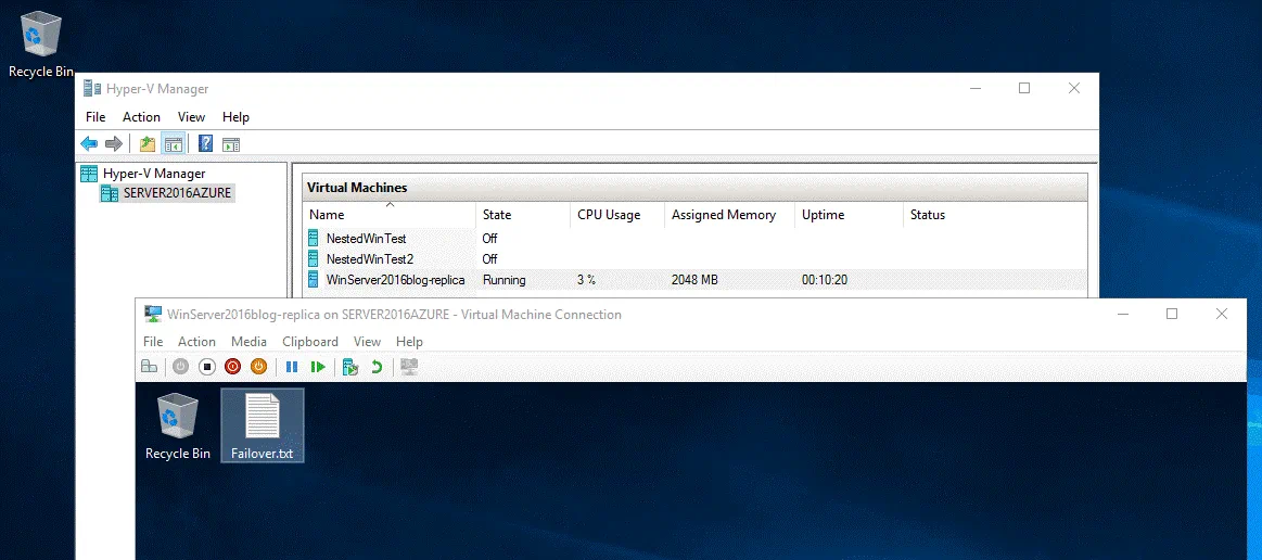 A nested VM replica is running on a virtual Hyper-V server in Azure