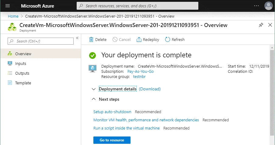 A new VM has been successfully deployed in Azure