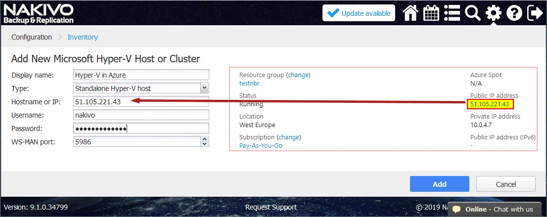Adding a Hyper-V host that is running in Azure to the Inventory