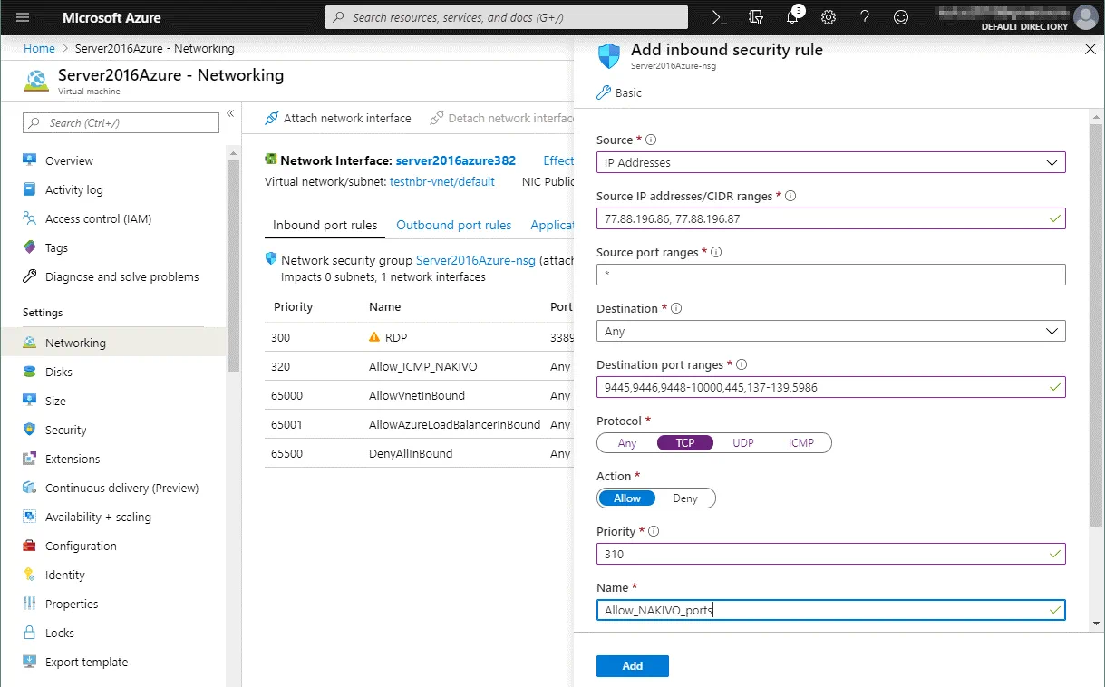 Allowing inbound TCP connections to the Azure VM