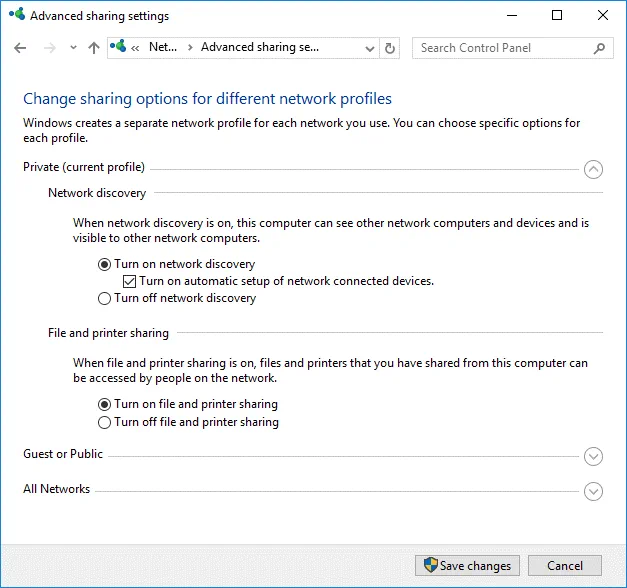 Changing sharing options for Windows Firewall network profiles