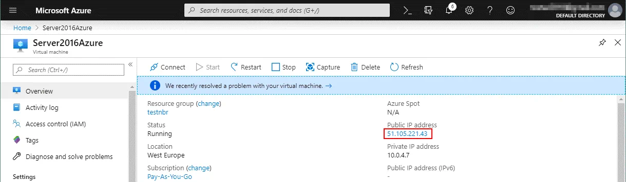 Checking the WAN IP address of the Azure VM running Hyper-V Server