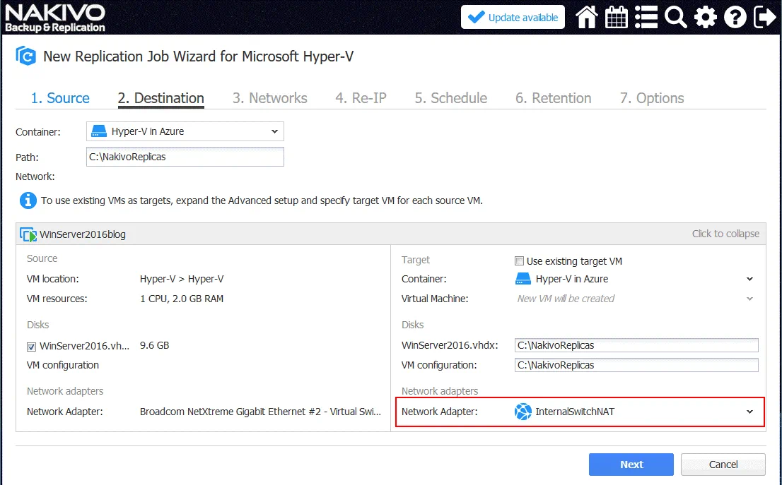 Configuring destination options for a new Hyper-V VM replication job