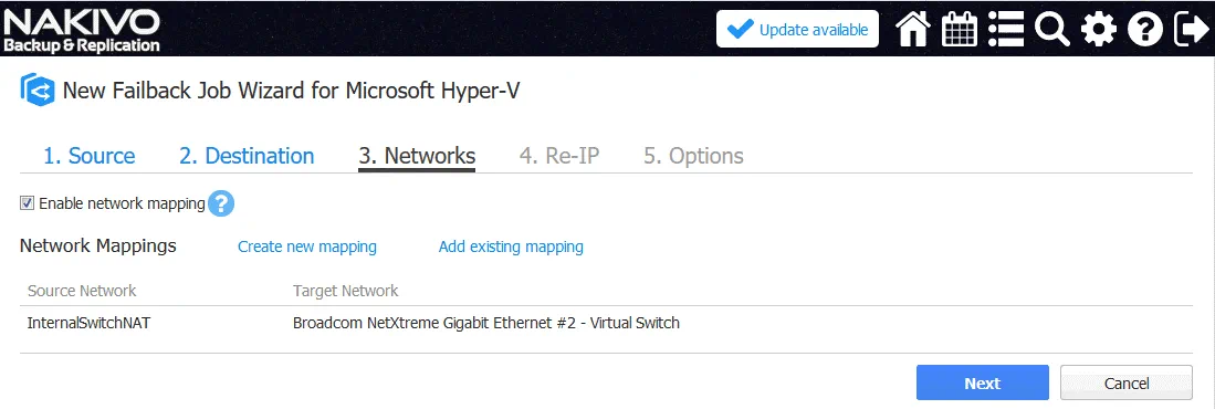 Configuring network mapping for the Hyper-V failback job (Hyper-V Nested Virtualization) Configuring network mapping for the Hyper-V failback job (Hyper-V Nested Virtualization)