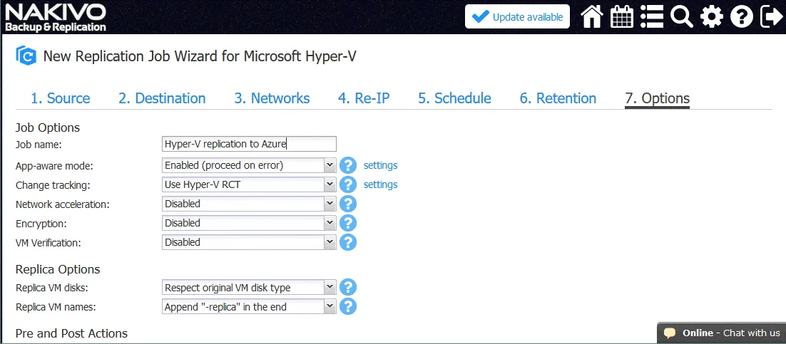 Configuring options for the Hyper-V replication job