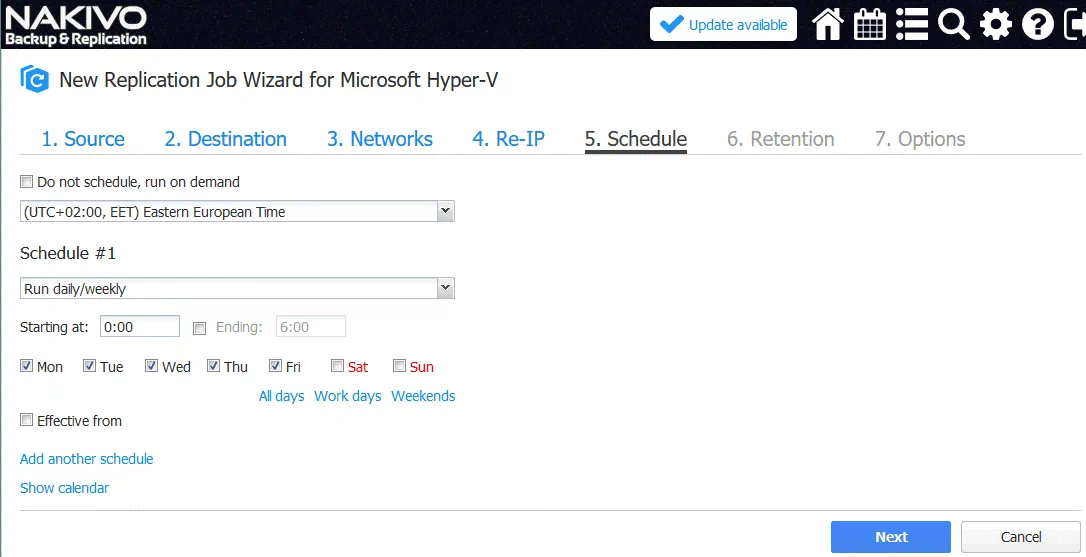 Configuring scheduling options for the Hyper-V replication job in NAKIVO Backup & Replication