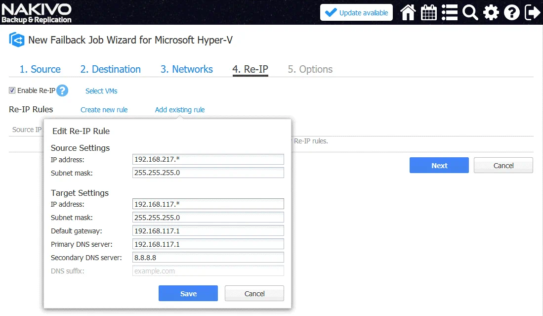 Configuring the Re-IP rule for a new Hyper-V VM failback job in NAKIVO Backup & Replication