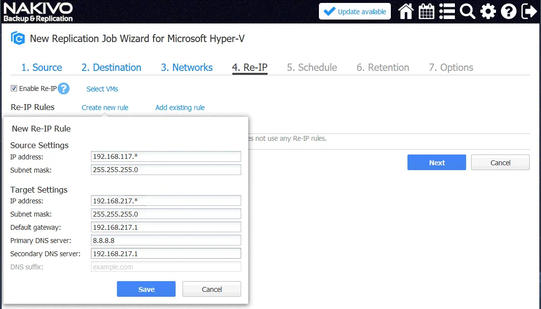 Creating a new Re-IP rule for the Hyper-V replication job
