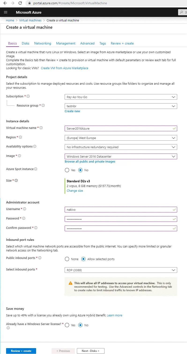 Creating a new VM in Azure – basics settings