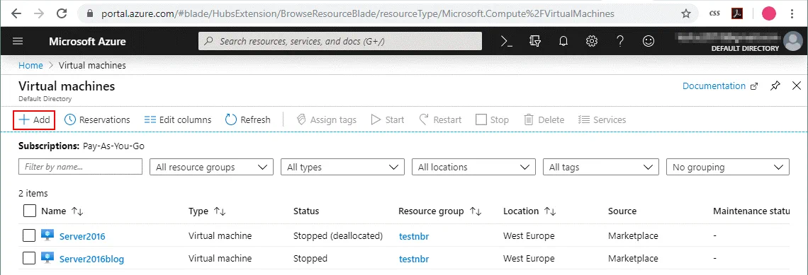 Creating a new VM in Azure
