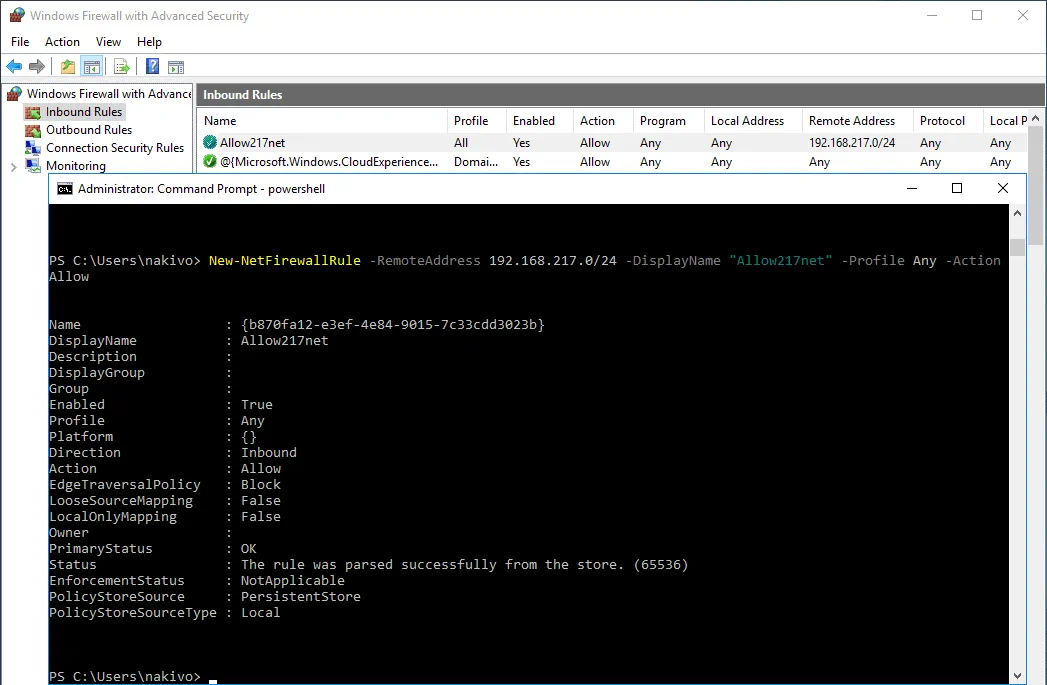 Creating a new rule in Windows firewall