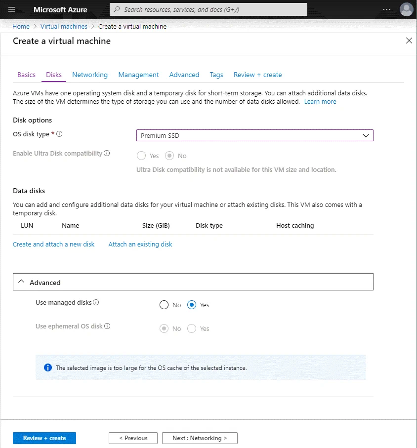 Creating a virtual disk for the Azure VM
