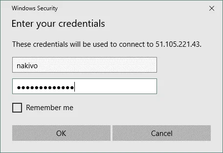 Entering Windows user credentials when connecting to the Azure VM via RDP