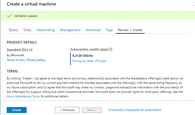 Reviewing new VM settings before starting the process of VM creation