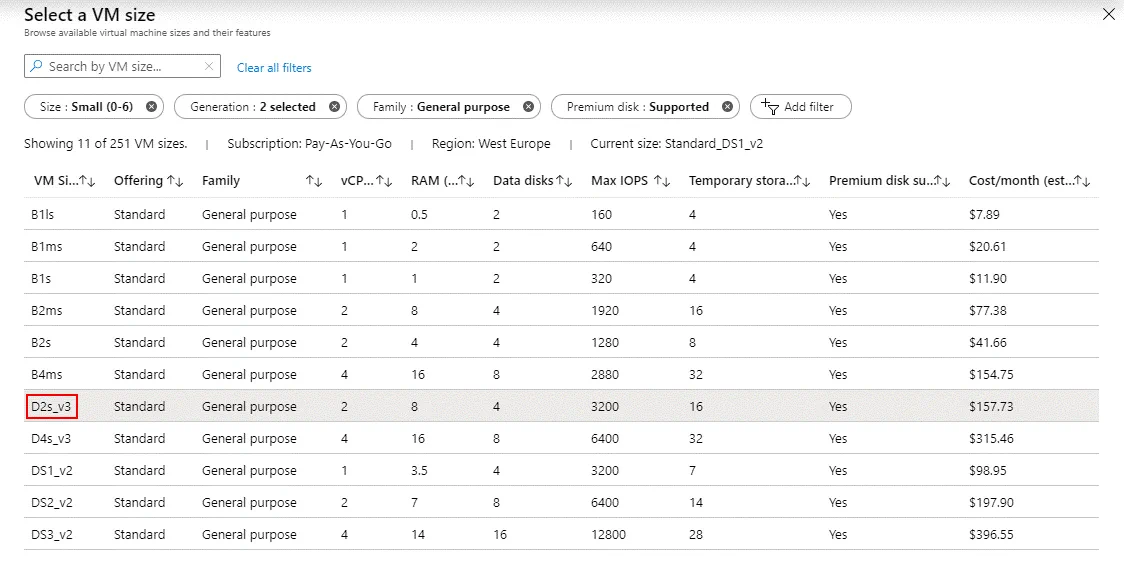 Selecting a VM size in Azure