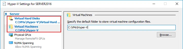 Selecting a directory to store a nester VM on the Hyper-V server