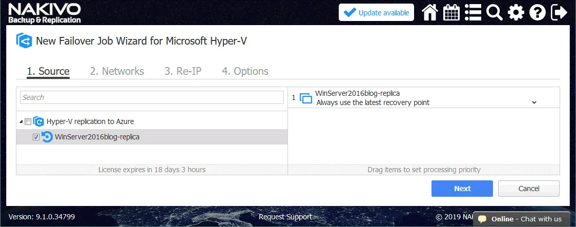 Selecting a nested VM replica of the Hyper-V format that will be used to fail over