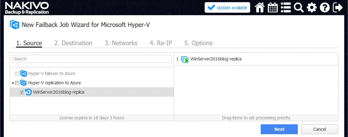 Selecting the nested Hyper-V replica as a source VM for the VM failback job in NAKIVO Backup & Replication