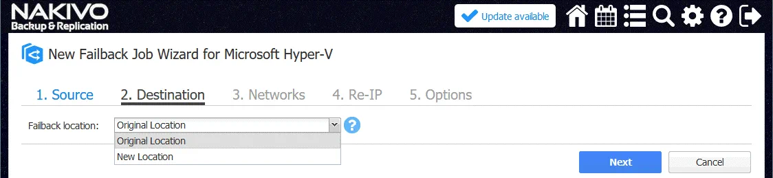 Selecting the original location as the destination for a new Hyper-V failback job in NAKIVO Backup & Replication