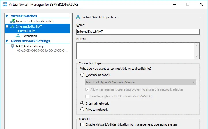 Selecting virtual switch settings in the GUI of Hyper-V Manager