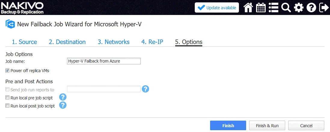 Setting up options for Hyper-V VM failback job