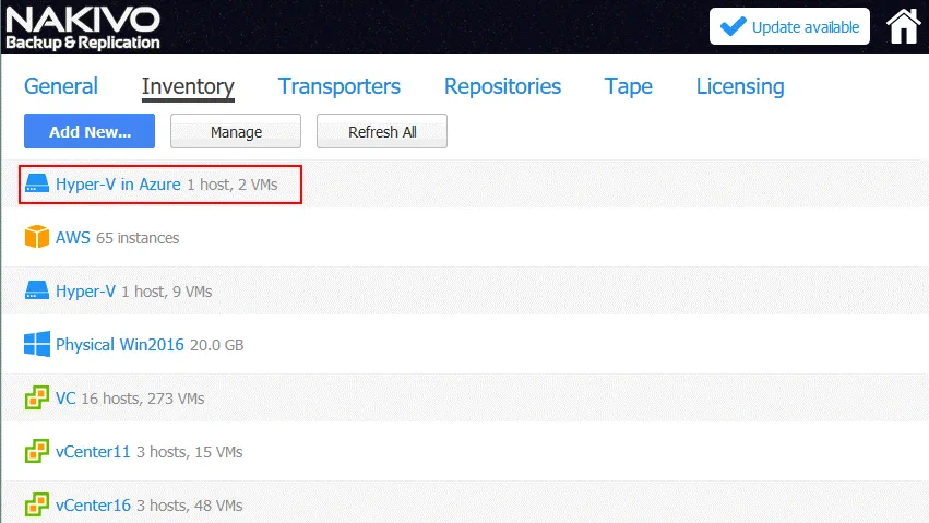 The Hyper-V host is added to the inventory of NAKIVO Backup & Replication