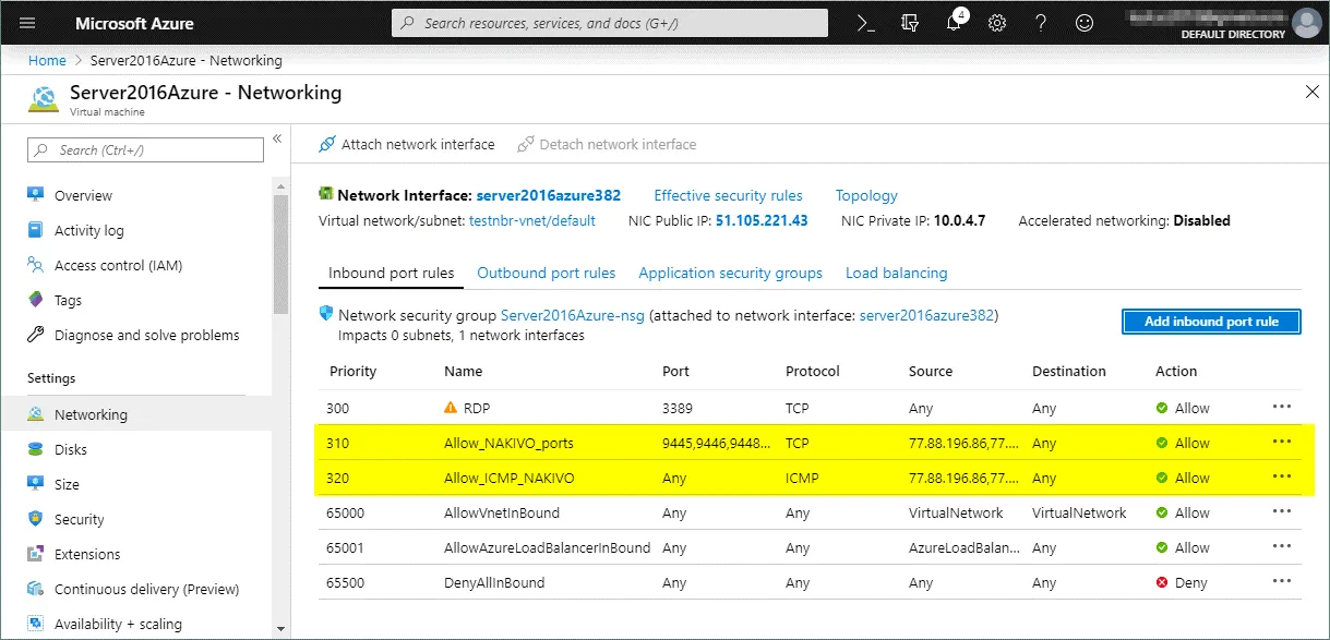 The necessary firewall rules have been created for the VM in Azure