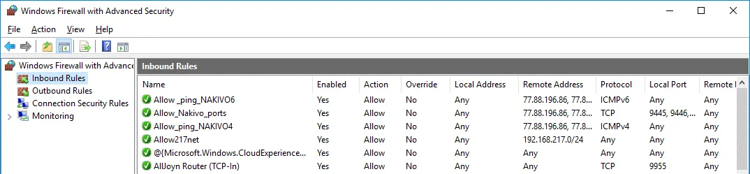 The needed rules are created in Windows Firewall on Windows Server 2016 before creating a nested VM replica