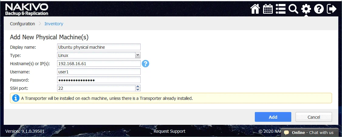 Adding physical Linux server to Inventory in NAKIVO Backup & Replication