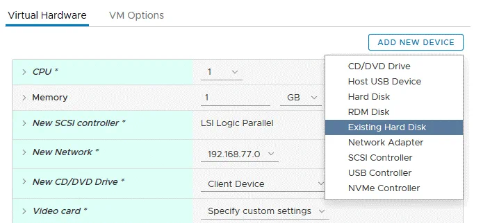 Adding the existing virtual disk