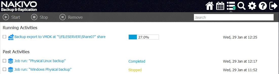 Backup Export job is running_disks of a backed-up physical machine are exported to the virtual disks