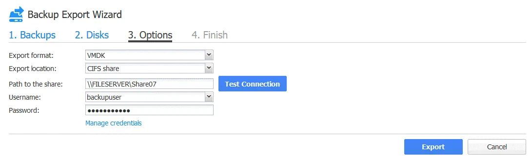 Configuring backup export destination options