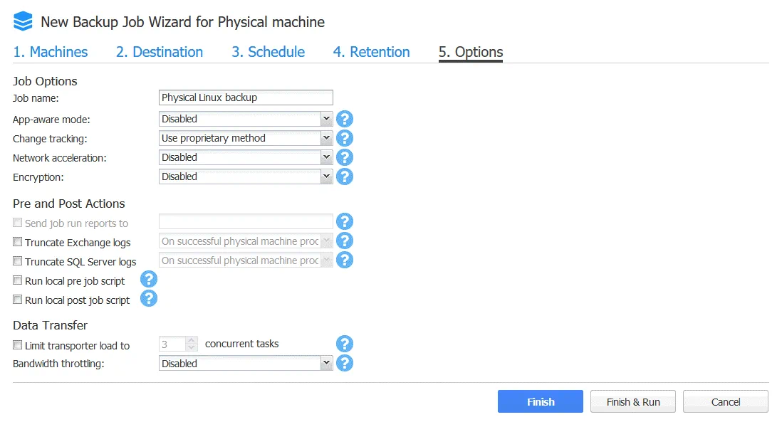 Configuring physical job backup options