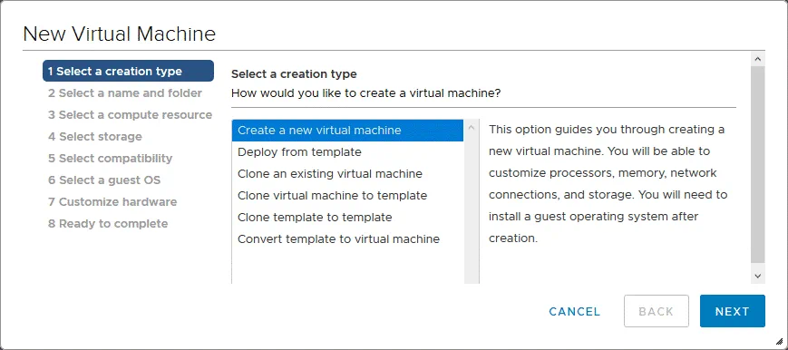 Creating a new virtual machine