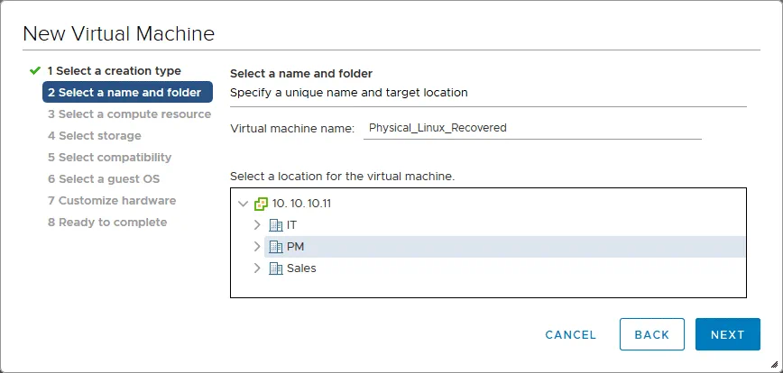 Selecting VM name and folder (P2V converter)