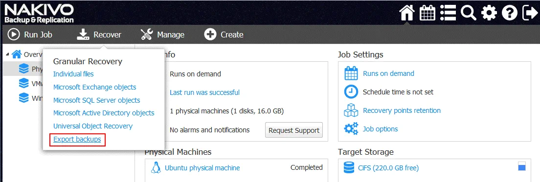 Selecting backup export for P2V recovery