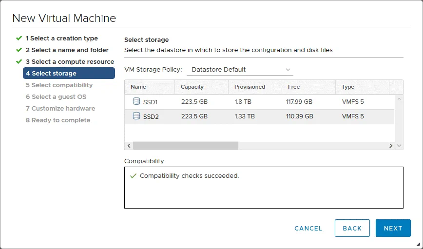Selecting storage for a new VM (P2V converter)