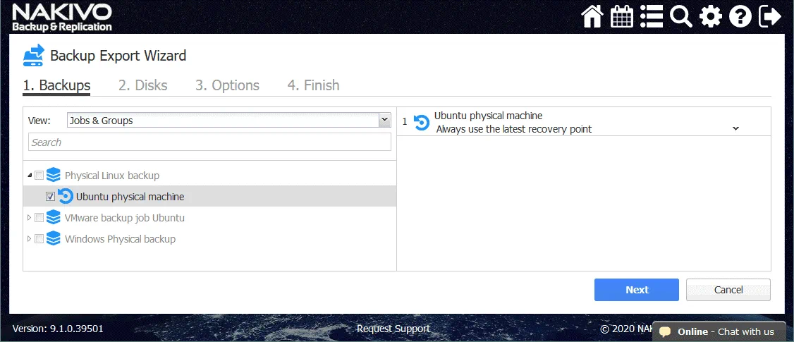 Selecting the Ubuntu physical machine to recover a VM from backup