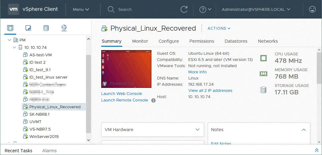 The Ubuntu Linux VM is running after conversion from a physical machine