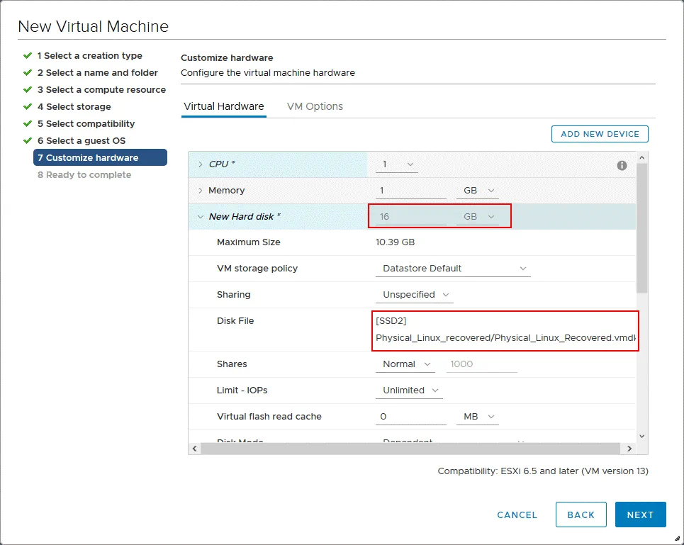 The exported virtual disk has been added to the new VM for P2V recovery (P2V converter)