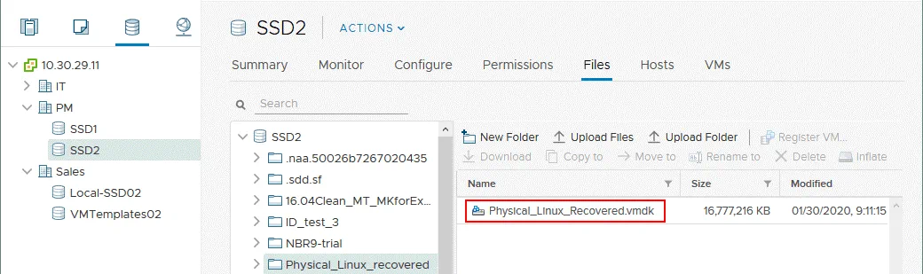 Virtual disk file is uploaded to the ESXi datastore